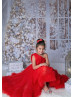 One Shoulder Red Tulle High Low Flower Girl Dress